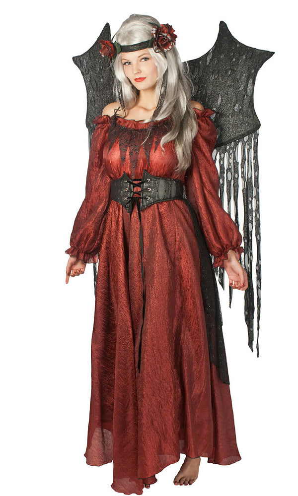 Long red angel of death dress with wings, headpiece and belt
