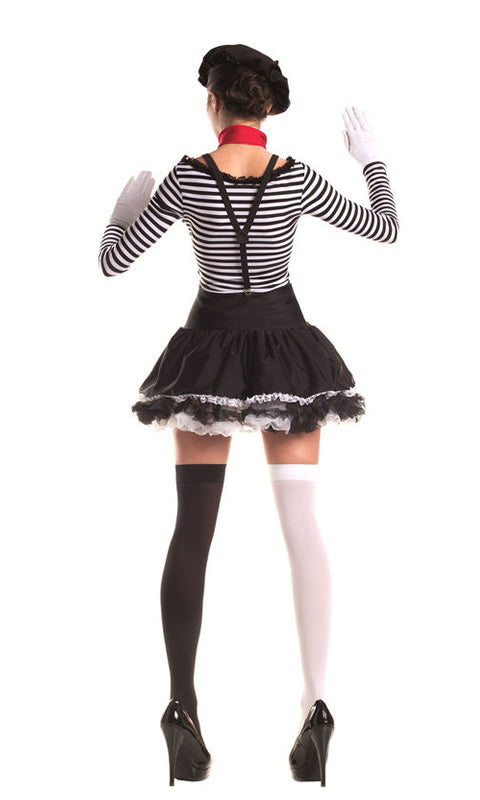 Back of woman's mime costume top, skirt, suspenders, scarf, gloves and hat