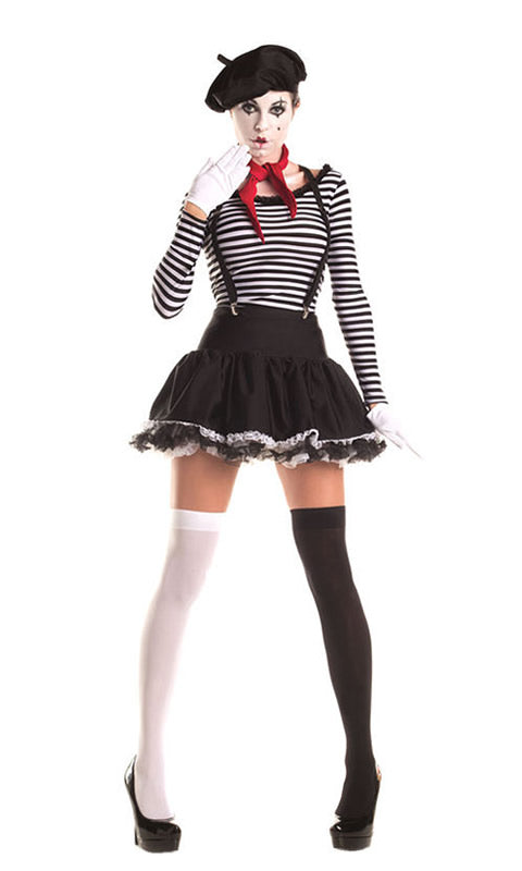 Woman's mime costume top, skirt, suspenders, scarf, gloves and hat