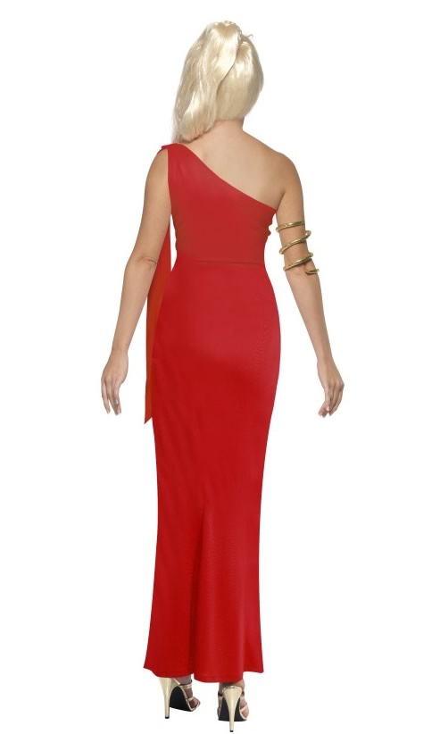 Back of long red Greek dress with headpiece