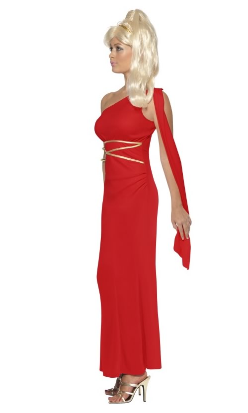 Side of long red Greek dress with headpiece