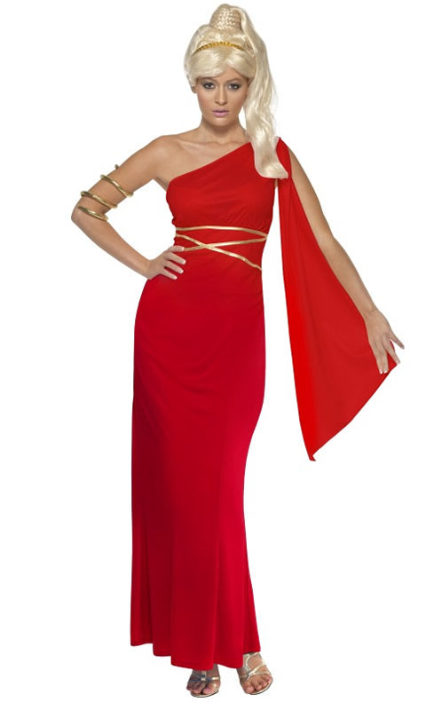 Long red Greek dress with headpiece