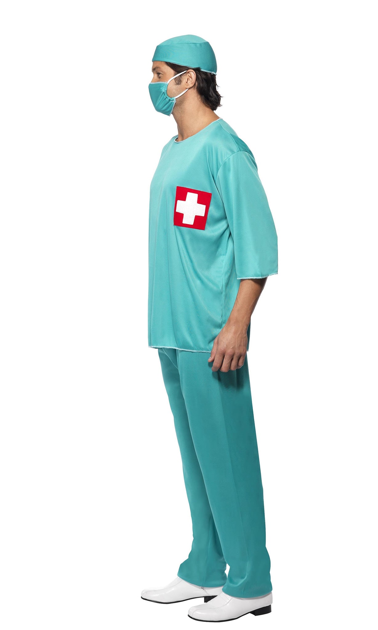 Side of surgeon scrubs costume in green with mask and hat