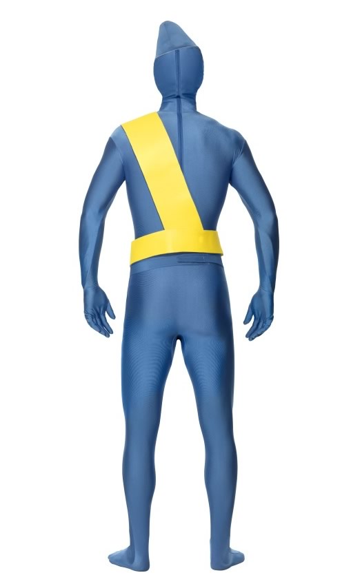 Back of morph suit style Thunderbirds blue costume with hat and yellow sash