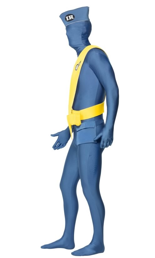 Side of morph suit style Thunderbirds blue costume with hat and yellow sash