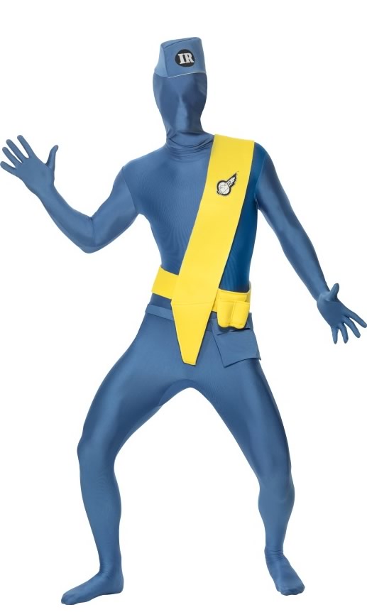 Morph suit style Thunderbirds blue costume with hat and yellow sash