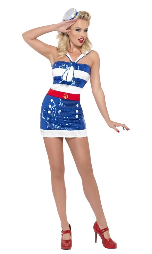 Short sequin sailor dress with hat and neck tie