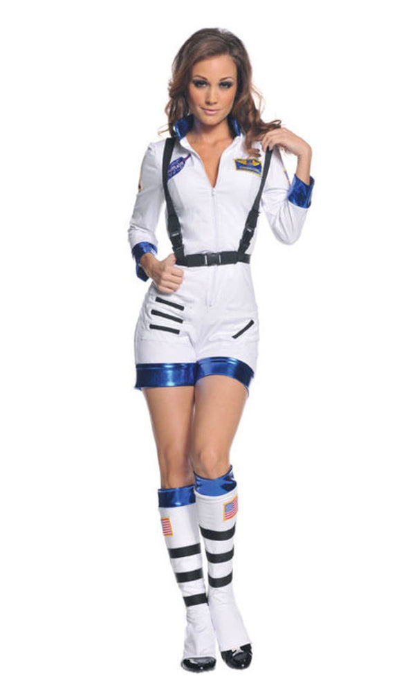 White and blue woman's astronaut romper costume with boot covers
