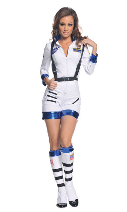 White and blue woman's astronaut romper costume with boot covers