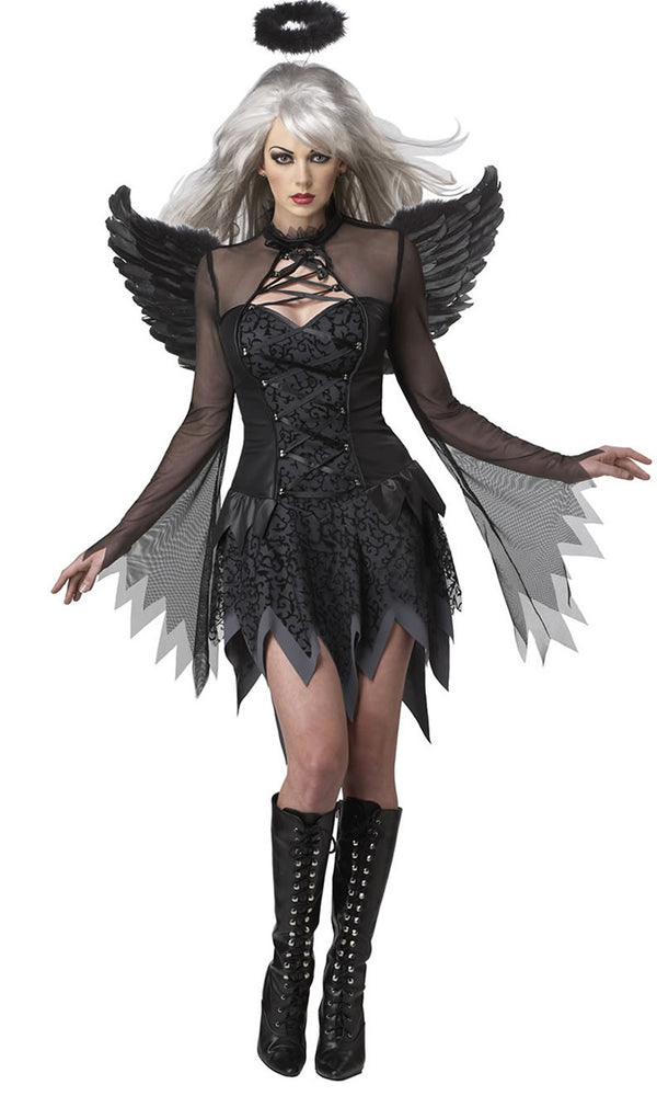 Fallen angel costume with wings and halo in black