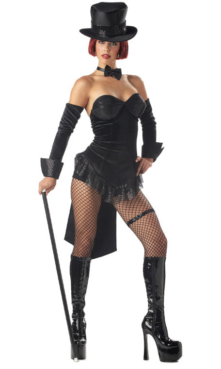 Short black ringmaster dress with long gloves, bow tie and hat in black