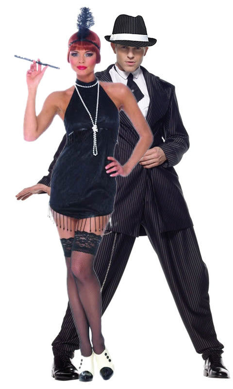 Short black flapper costume with headband next to gangster guy