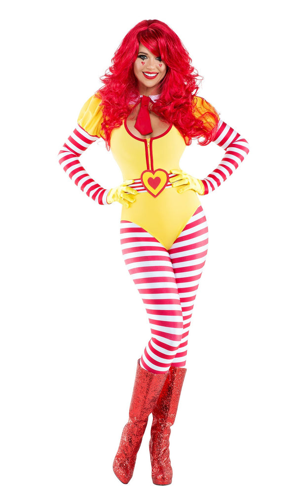 Red and white striped costume with yellow romper, leggings and gloves styled like Ronald McDonald