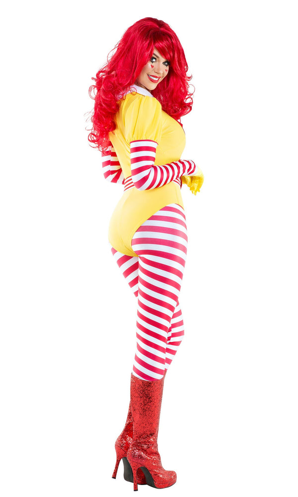 Back view of red and white striped costume with yellow romper, leggings and gloves styled like Ronald McDonald