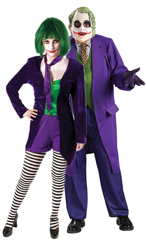 Woman's Joker costume with jacket and green wig next to Joker