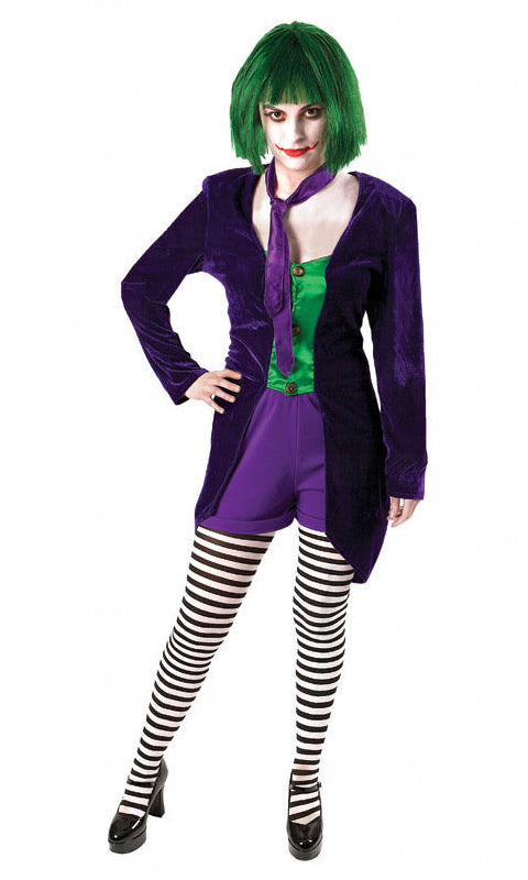Woman's Joker costume with purple shorts and jacket with attached vest, green wig and tie