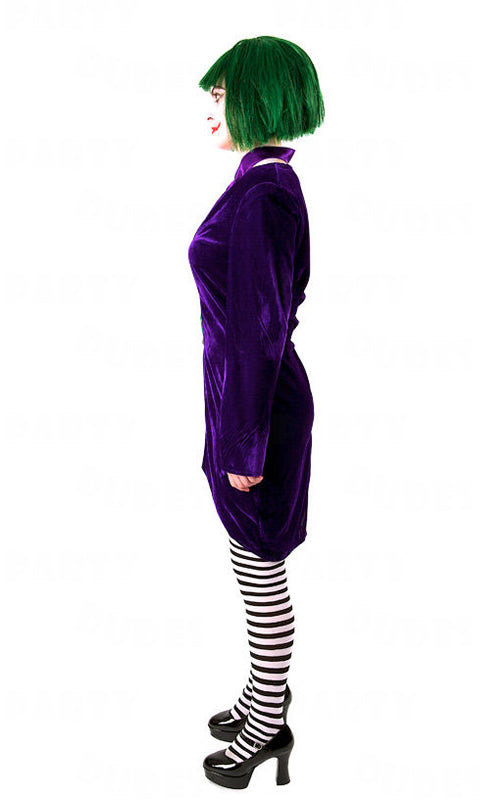 Side of woman's Joker costume with purple shorts and jacket with attached vest and green wig