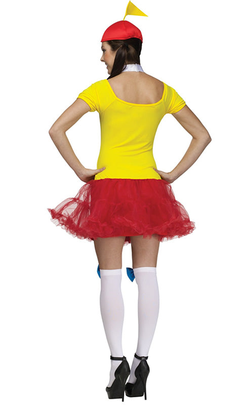 Back of woman's yellow and red Tweedle Dee costume with hat & neckpiece