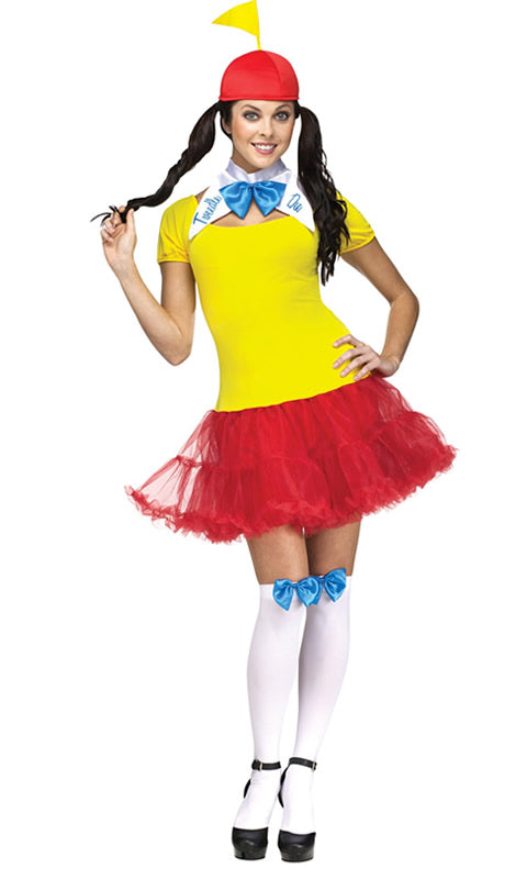 Woman's yellow and red Tweedle Dee costume with hat & neckpiece
