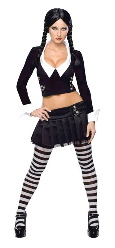 Wednesday Addams short skirt and top with black wig and striped socks