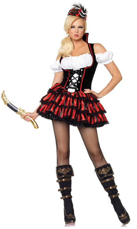Short red and black pirate peasant dress with layered skirt