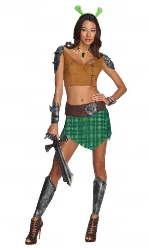 Short green Princess Fiona costume with brown top with shoulder guards, necklace, gauntlets and ear headband