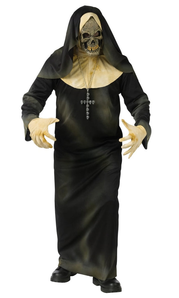 Skeleton nun costume with skull mask, habit, robe, gloves and cross necklace