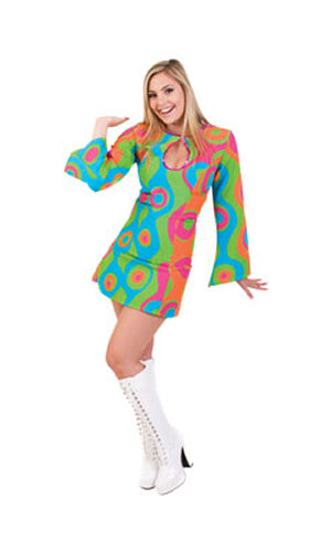 Short 1960s green, orange, blue and pink psychedelic dress