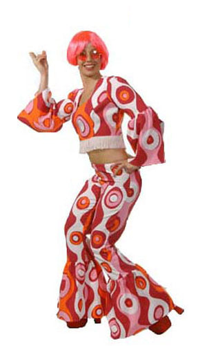 Pink and orange circled 60s samba costume with flares