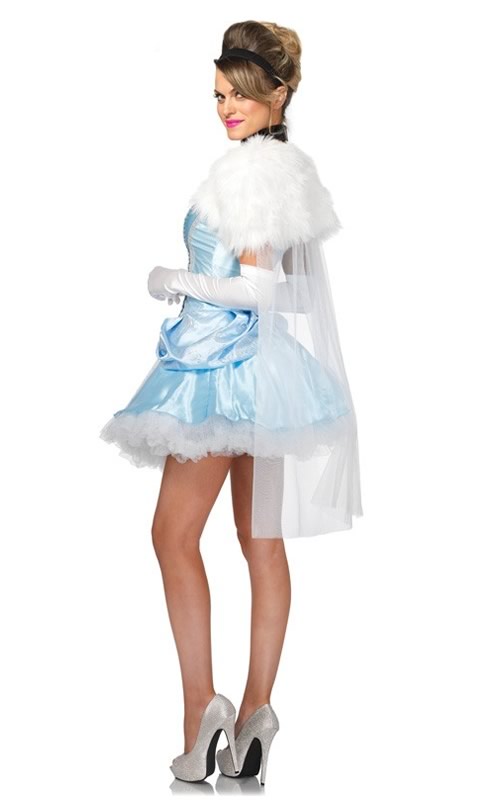 Side of short blue and white princess dress with cape, choker and hair ribbon