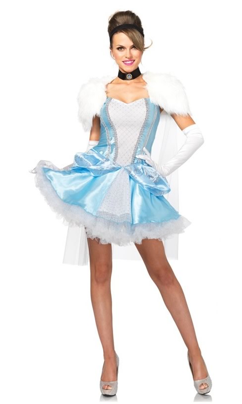 Short blue and white princess dress with cape, choker and hair ribbon