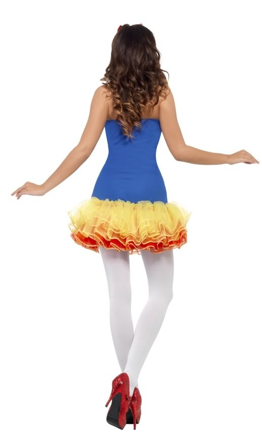 Back of short blue, yellow and red Snow White tutu dress with red headband