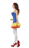 Side of short blue, yellow and red Snow White tutu dress with red headband