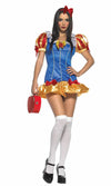 A woman modeling a Snow White-themed costume with a blue dress, yellow accents, and a red bag.