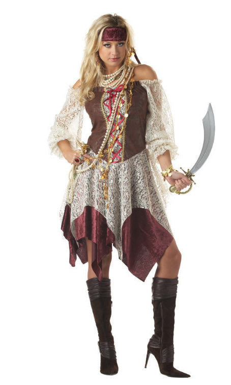 Burgundy, brown and white pirate dress with head tie