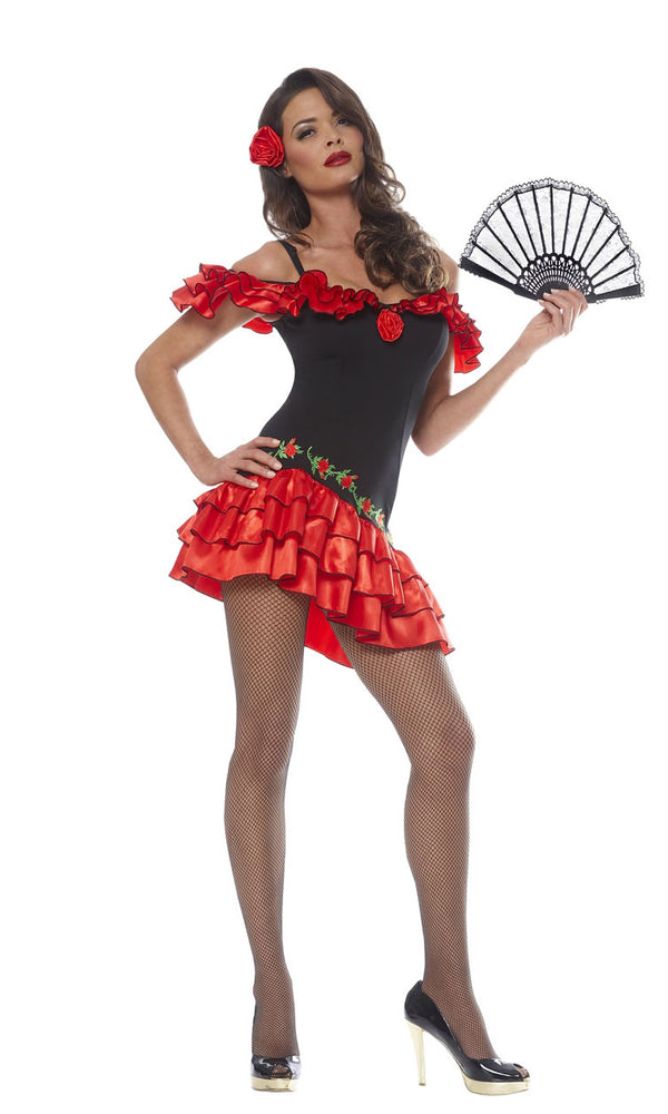Short red and black Spanish dress with head flower and fan
