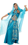 Alternate view of blue belly dancer costume with pants, top, scarf and arm bands