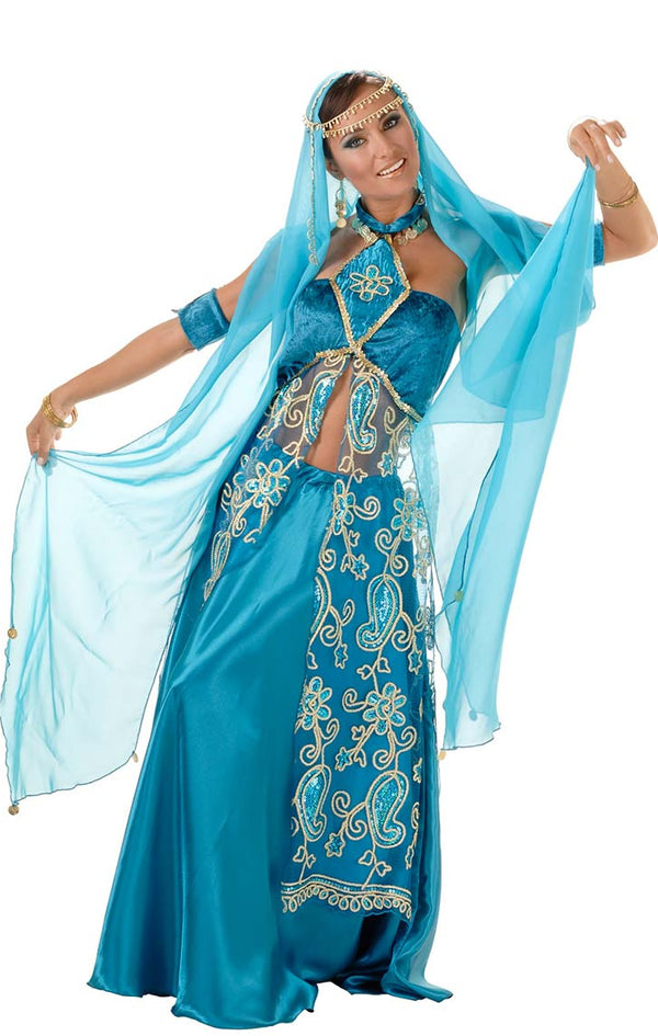 Alternate view of blue belly dancer costume with pants, top, scarf and arm bands