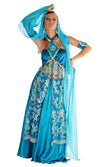 Different view of blue belly dancer costume with pants, top, scarf and arm bands