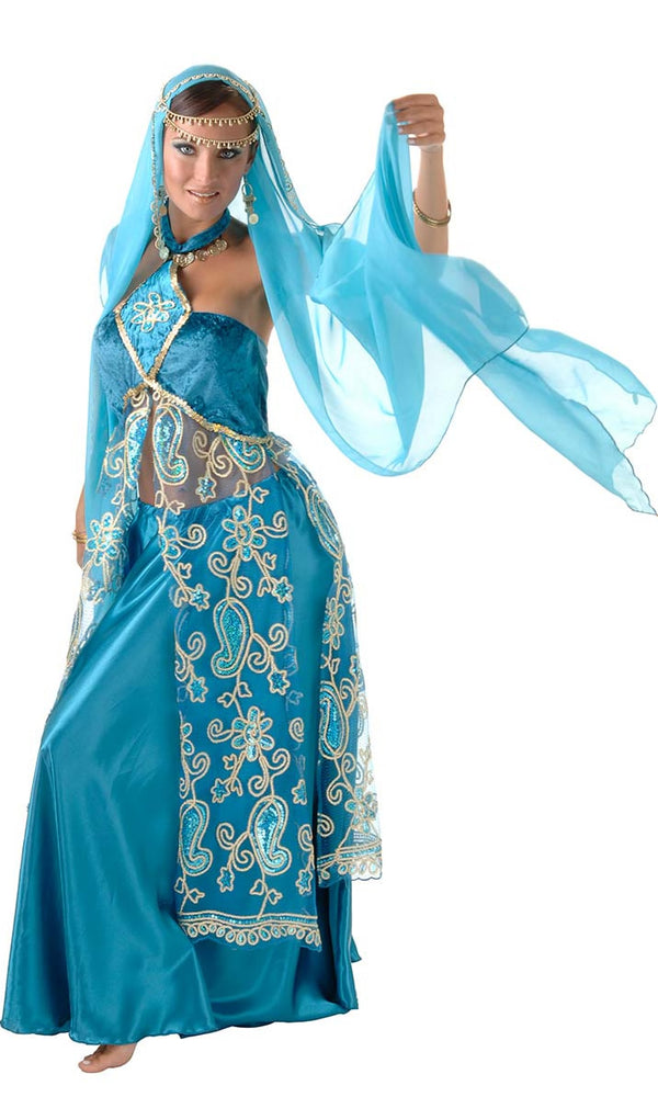 Side view of blue belly dancer costume with pants, top, scarf and arm bands