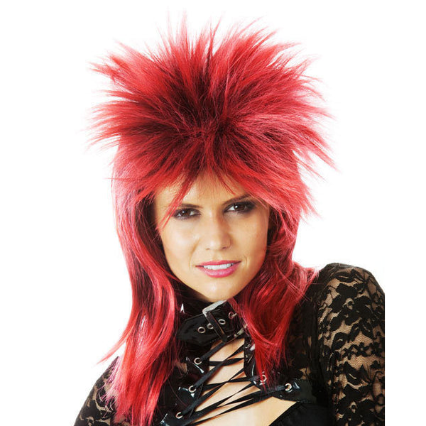 Spiky red and black punk or Ziggy Stardust wig worn by female