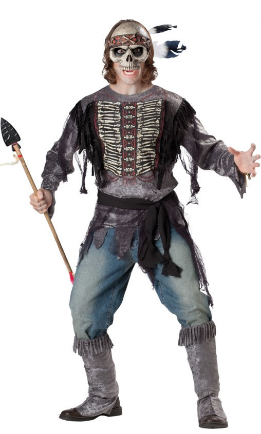 Skeleton Native American Indian costume with vinyl mask, feathers and boot covers