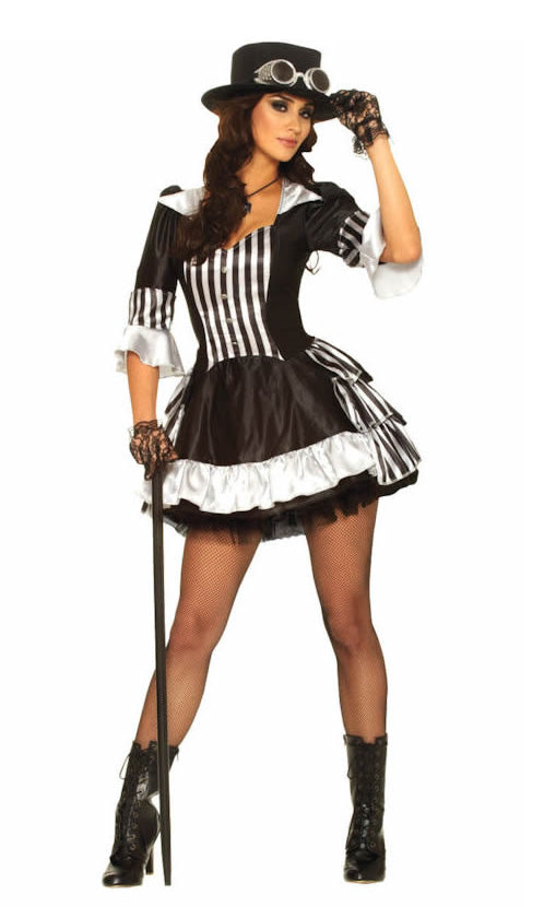 Black and white steampunk dress with attached petticoat and hat