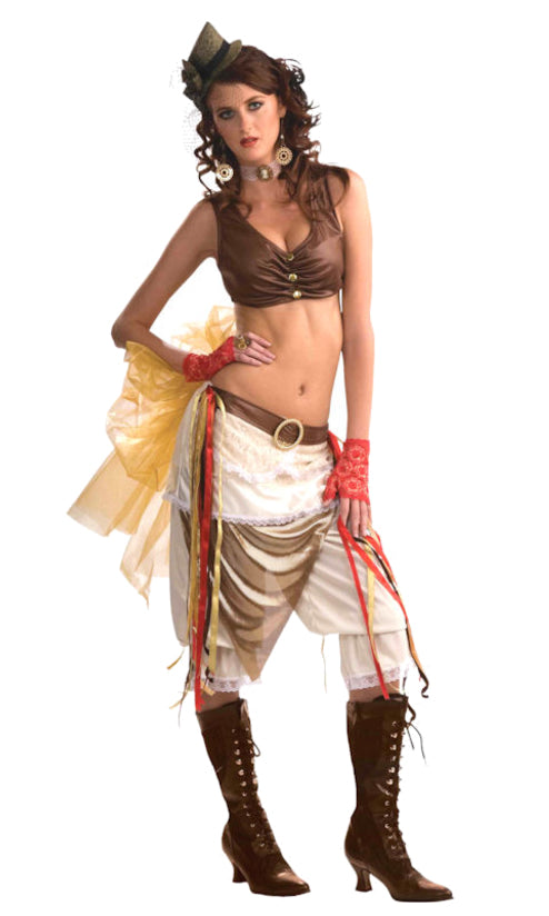 Woman's steampunk costume with short brown top, skirt, belt and pantaloons