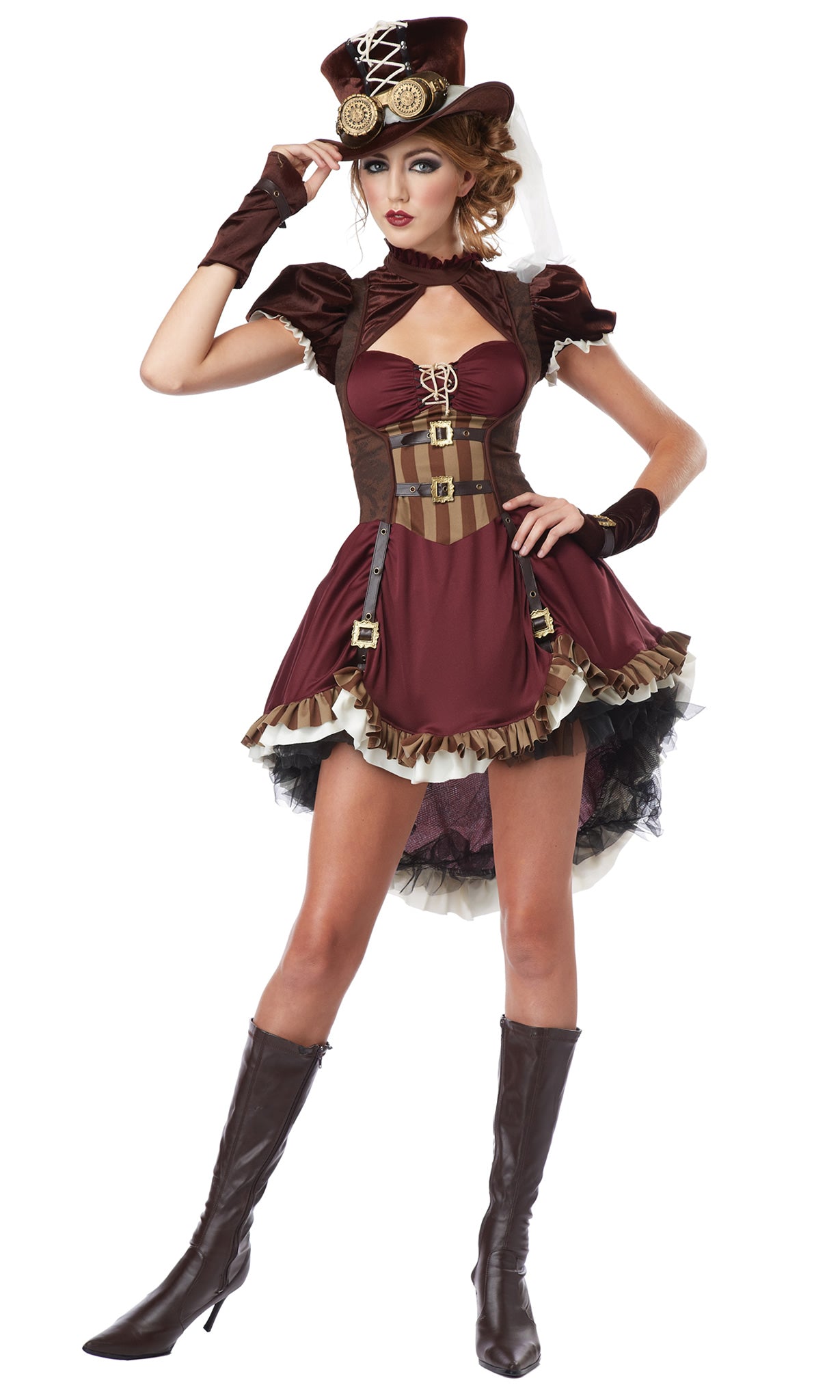 Alternate view of steampunk woman's dress with hat, goggles and gloves