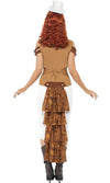 Back of steampunk cowgirl buckle dress with belt holster and choker, with hat on headband