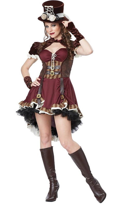 Steampunk woman's dress with hat, goggles and gloves