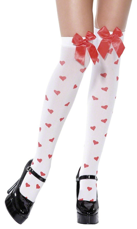 Stockings with Lace Bow and Hearts Print