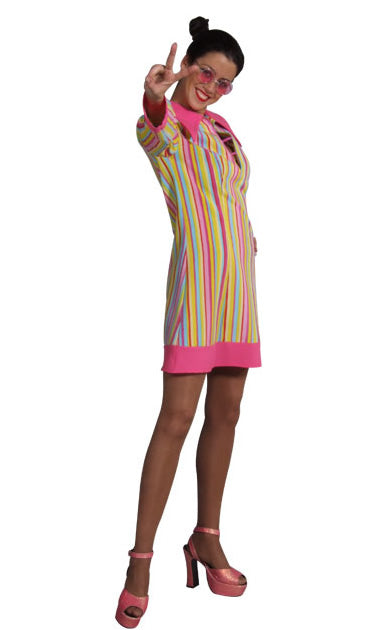 Short striped 1970s dress with pink trim
