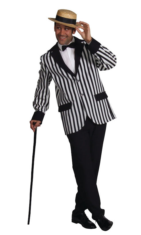 1920s black and white striped jacket, black pants and bow tie